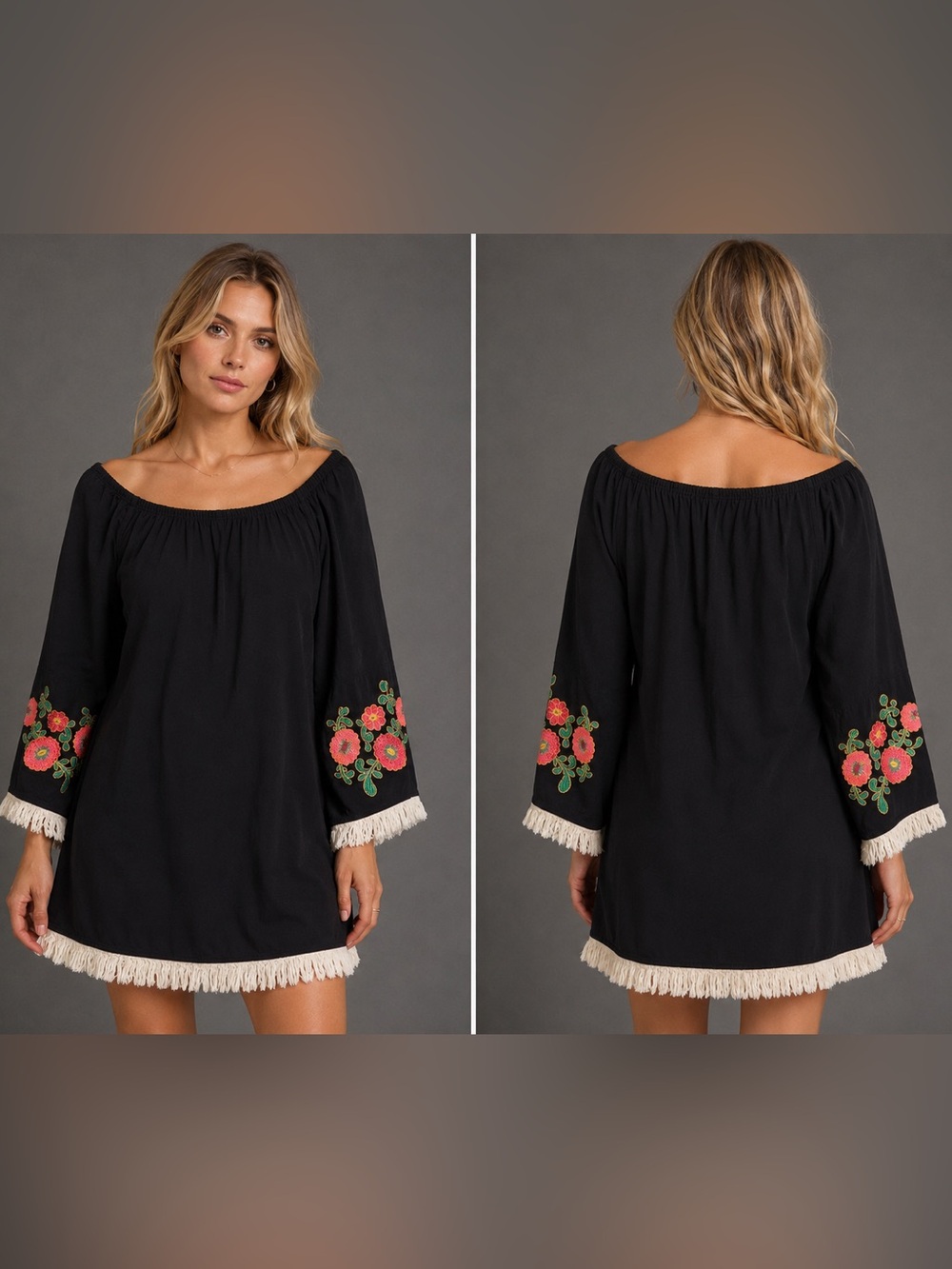 Umgee USA Black Off-the-Shoulder Embroidered Fringe Dress Size Med Boho -GUC